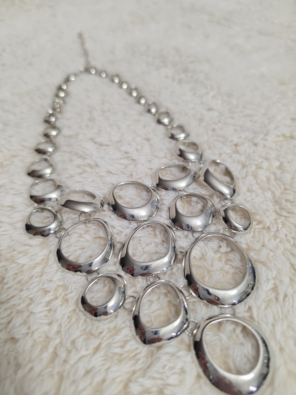 Silver Statement Bib Necklace Chunky Organic Circle Links